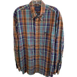 FACONNABLE 100% COTTON MEN’S LARGE SPORT SHIRT ORANGE, Blue PLAID